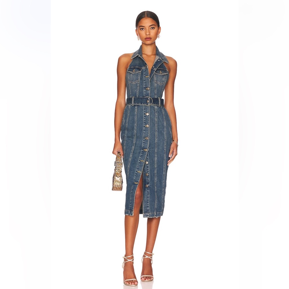 Retrofete Dark Blue Denim Sleeveless Midi Dress with Belt